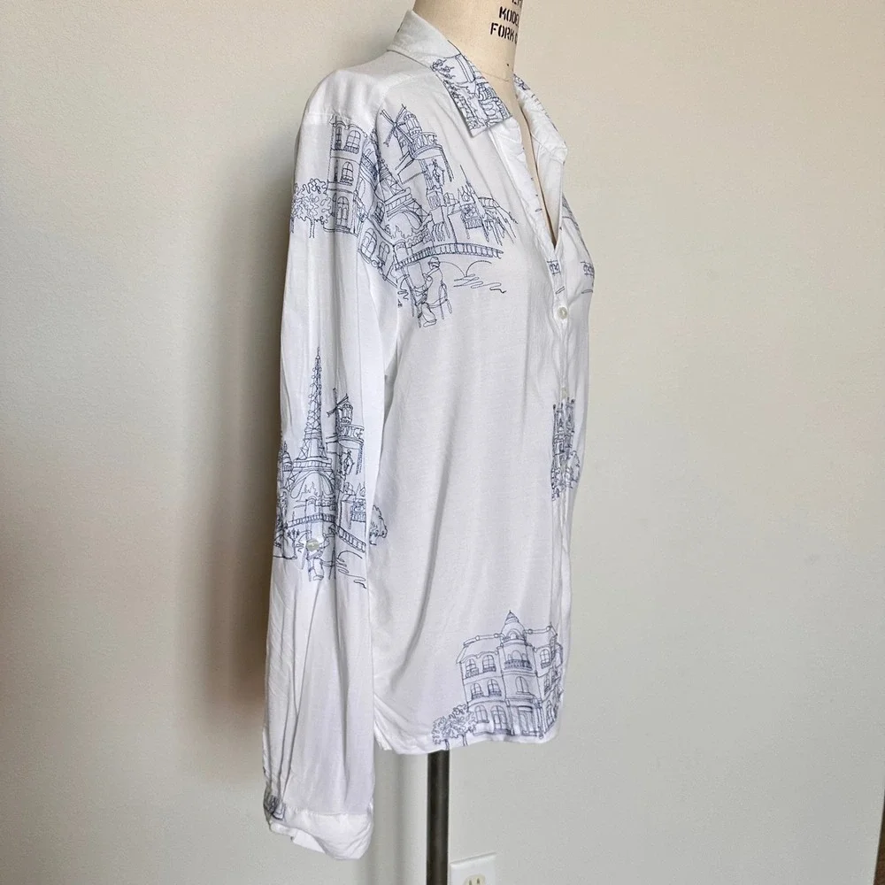 Anthropology Jane + Delancey Paris City Print Button Down Shirt White Blue Sz XL